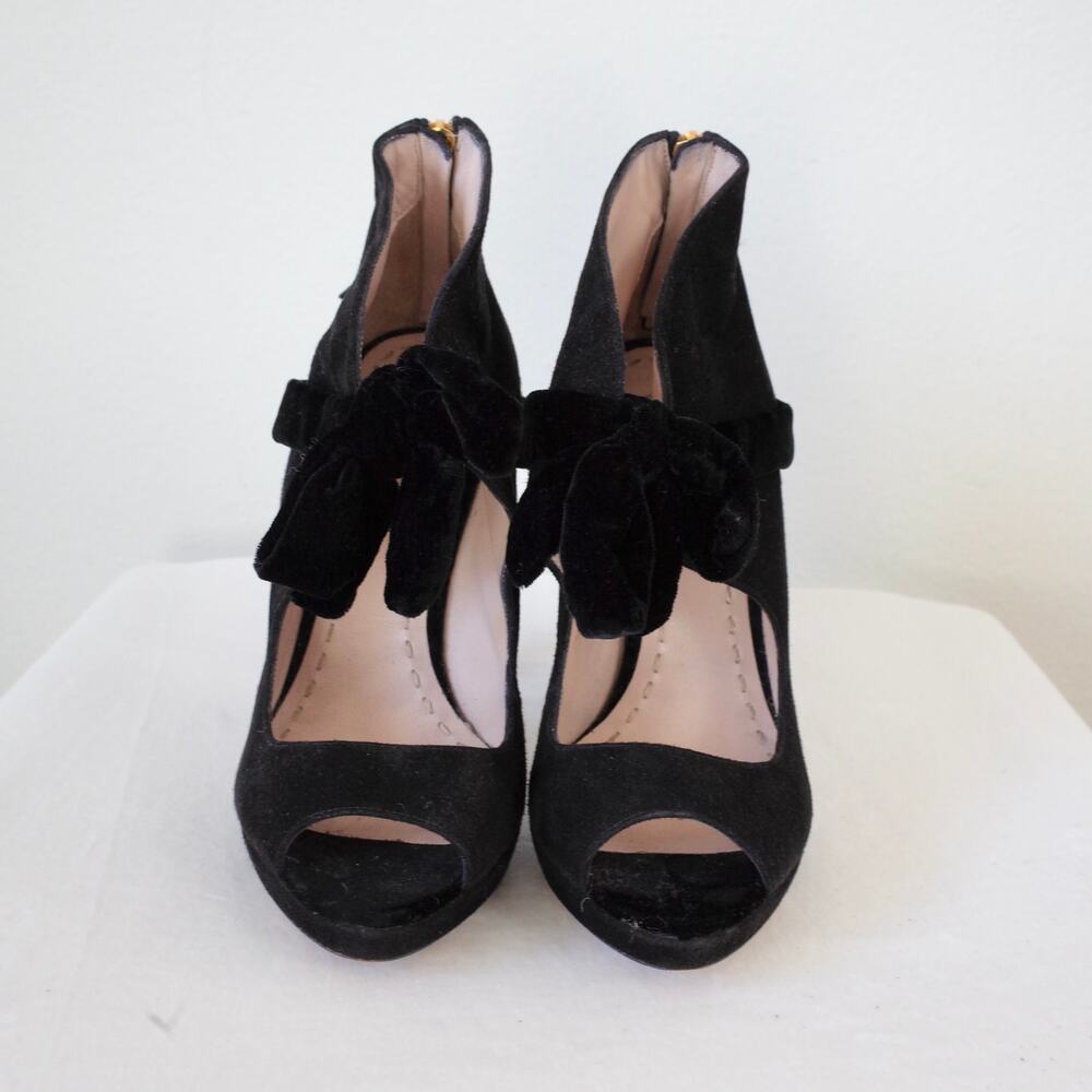 Miu Miu Black Suede Sandals Heels with Velvet Bow 38